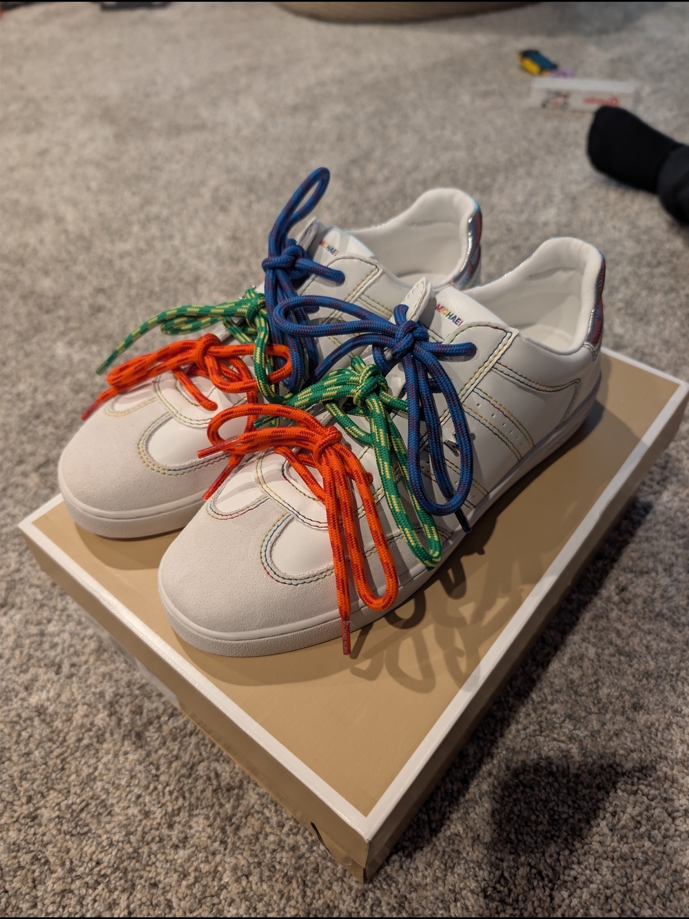 MICHAEL Michael Kors White Leather Rainbow Stitch Sneaker Colorful Laces NIB 8.5